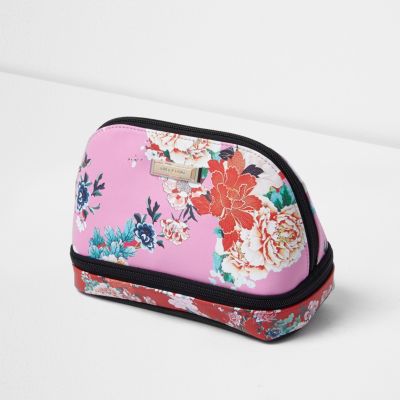 Pink floral multi zip make-up bag